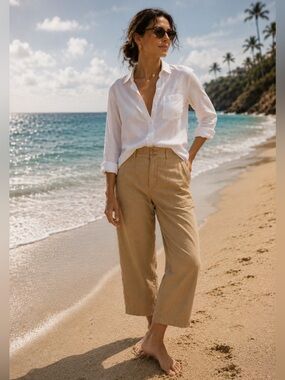 LAUREN RALPH LAUREN Black label 100% Linen Wide Leg Tan Cropped Pants Sz 8